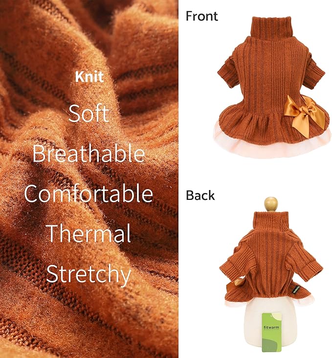 Fitwarm Knitted Dog Tulle Sweater Dress, Dog Winter Clothes for Small Dogs Girl, Cat Apparel, Orange, Small