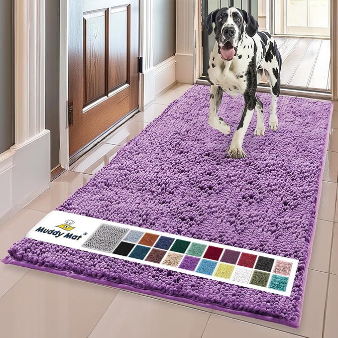 Muddy Mat® | Super Absorbent Door Mat Indoor, Microfiber Quick Dry Chenille Entryway Rug, Non-Slip Front Door Mat, Indoor Mats for Entryway, Machine Washable Pet Rug, Purple 24" x 120"