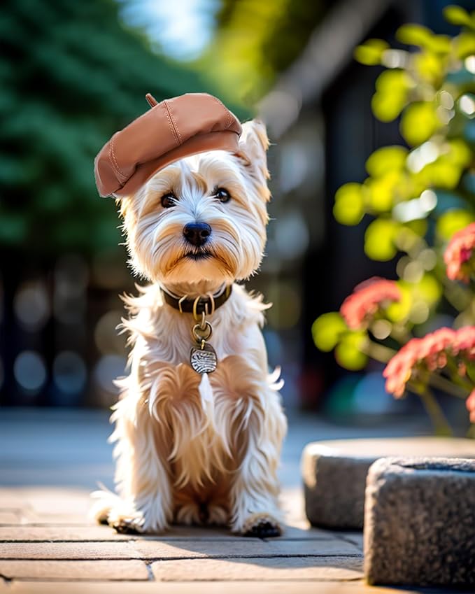 PET SHOW Dog Beret Hat for Small Dogs Cats Party Holiday Headband Cap French Leather Berets with Adjustable Chin Strap Cute Fashion Puppy Hats Pets Costumes Accessories(Brown,S)