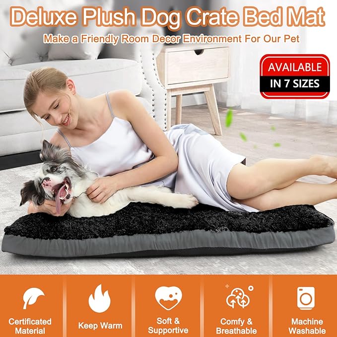 POCBLUE Washable Dog Beds for Crate, Small Plush Pet Mat for Cages, Anti-Slip Crate Pad for Outdoor/Indoor/Car Use, Comfy & Soft Kennel Pad for Dogs and Cats Up to 25 lbs, 23"x17", Black