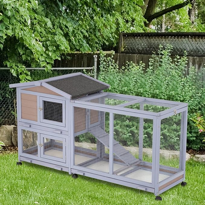 BestPet Rabbit Cage Wooden Rabbit Hutch Two Layers Chicken Coop Outdoor Indoor Guinea Pig Cage Bunny Cage Waterproof Roof Bunny Hutch with Casters and Tray