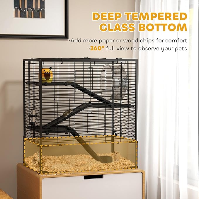 PawHut Large Hamster Cage with 9" Deep Tempered Glass Bottom, 4 Tiers Hamster Tank with Running Wheel, Hut, Water Bottle, Dish, Rat Cage for Syrian, Dwarf, Gerbils, Mouse, 31" x 19" x 31.5", Black