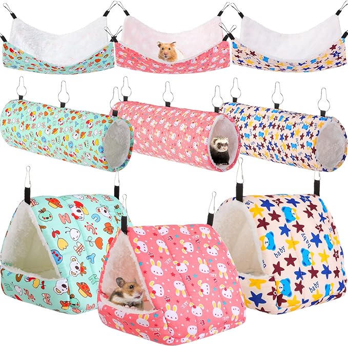 Abbylike 9 Pieces Rat Guinea Pig Hanging Hammock Ferret Cage Accessories Small Pet Hideout Tunnel Cave Hanging Hammock Hamster Toy Accessories for Ferret Hamster Chinchilla(Rabbit)