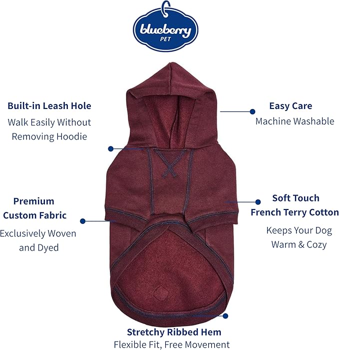 Blueberry Pet Dog Hoodie – 16″ Soft Cotton‑Blend Sweater for Small Dogs, Burgundy Red, Award‑Winning Frenchie Apparel
