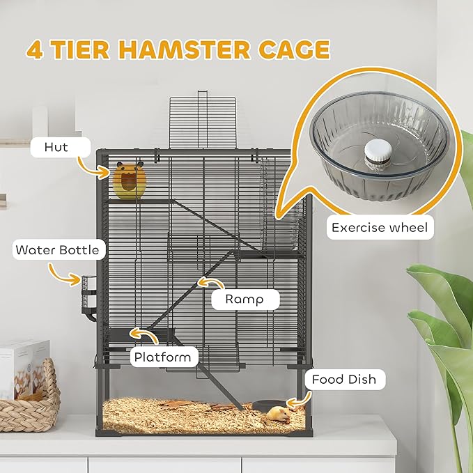 PawHut Large Hamster Cage with 9" Deep Tempered Glass Bottom, 4 Tiers Hamster Tank with Running Wheel, Hut, Water Bottle, Dish, Rat Cage for Syrian, Dwarf, Gerbils, Mouse, 24" x 16" x 31.5", Black