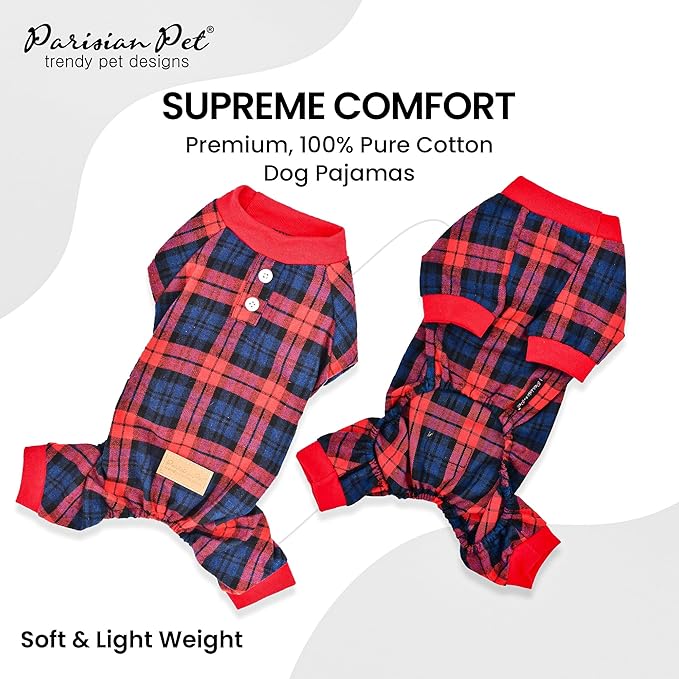 Parisian Pet Red Plaid Stretchable Dog Pajamas - Medium Size - Male Dogs - Cotton Polyester Blend - Machine Washable - Winter Warmth