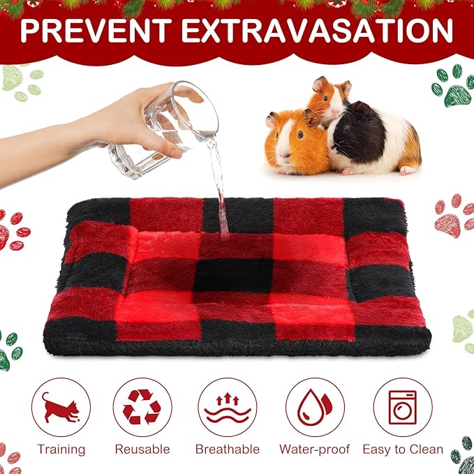 Haull 4 Pcs Waterproof Guinea Pig Bedding Guinea Pig Bed Plush Cage Liners Soft Rabbit Dog Crate Pad Cat Mat Reversible Cozy Animal Pee Pad Hamster Bunny Mat Accessory(Christmas Plaid,13 x 10 Inch)