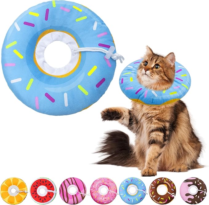 Seyezo Cat Cone Collar Soft,Adjustable Cat Recovery Collars Kitten Cones to Stop Licking, Cute Donut Neck Collar After Surgery, Elizabethan Kittens Protective Cones After Spay (Donut Blue, Large)