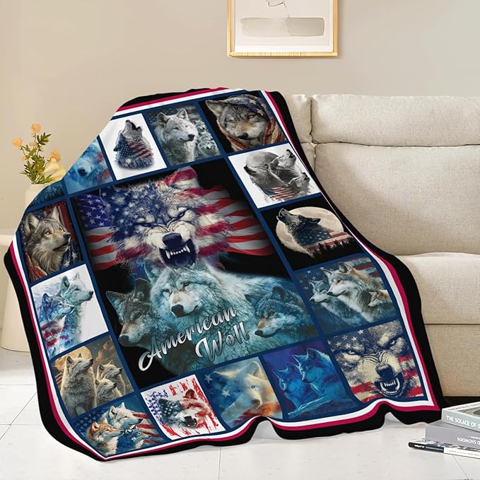 Wolf Throw Blanket American Flag Wolf Stuff Gifts for Kids Girls Boys Adults Women Men Soft Cozy Warm Plush Fluffy Fuzzy Fleece Blanket Decor 40''X50''