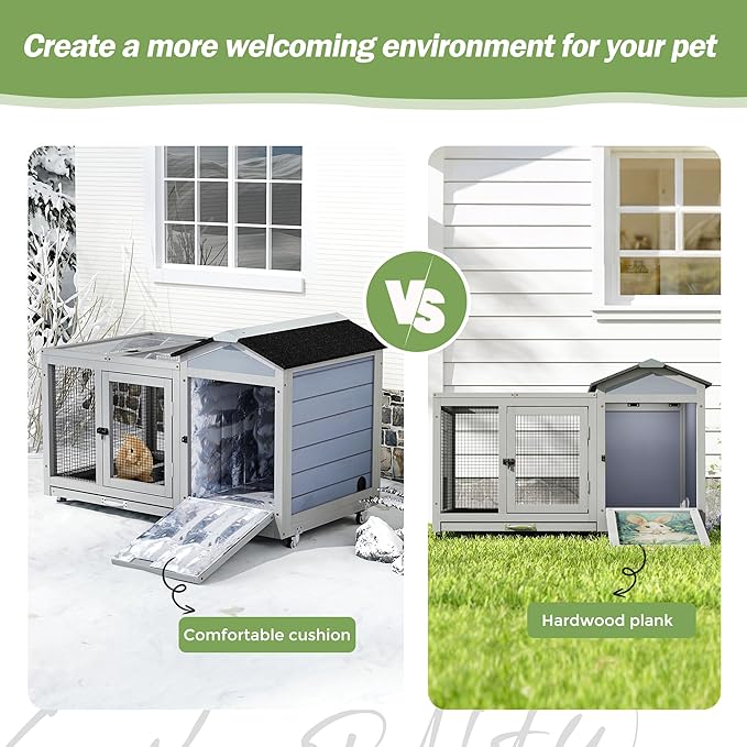 COZIWOW 39IN Heated Rabbit Hutch with Wheels, Insulated Indoor/Outdoor Bunny Cage House with Cleaning Tray, Sun Panel & Animal Pattern, Spacious Rabbit Cage for 1-2 Bunnies, (Warm Grey & Pattern)