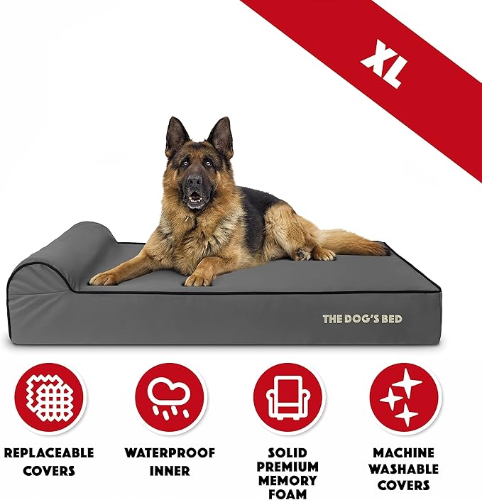 The Dog’s Bed Orthopedic Memory Foam Dog Bed with Headrest, Calming Surface – CertiPUR-Certified Foam, Oxford Fabric, Grey with Black Trim, XL, 6-Inch