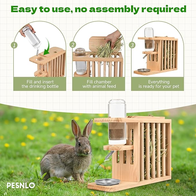 Small Animals Hay Rack with Height-Adjustable Water Bottle.Natural Wood. Wooden Bunny Hay Holder Feeder for Rabbit, Guinea Pig, Hamster, Hedgehog, Chinchillas