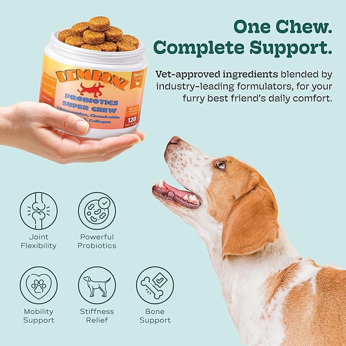 Probiotics for Dogs, Hip Joint Supplement for Dogs – Hip and Joint Plus Gut Health Chews, Glucosamine, Chondroitin, Omega 3, Collagen & Probiotics, Supports Digestion Joints and Hips, Immunity, Fur