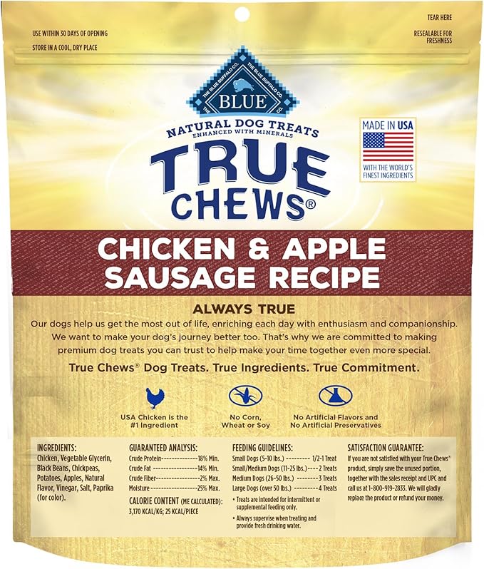 Blue Buffalo True Chews Dog Treats, Made in the USA with Natural Ingredients, Chicken and Apple Sausage Recipe, 12-oz Bag