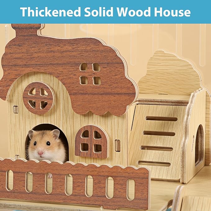 Hamster Cage Acrylic Hamster Habitats 360°Panoramic View Small Animal Cage for Rat Mice Dwarf Hamster, Gerbils, 13.3" L x 10.2" W x 12.4" H Hamster House with Water Bottle, Wheel, Hideout, Platform