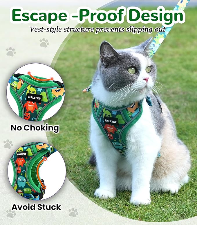 Halypet Cat Harness and Leash Set for Walking, Escape Proof Adjustable Vest Harness with 3-in-1 Integrated Buckles, Easy Control Soft Breathable Mesh with Reflective Strips for Cats, XS, Green Monster