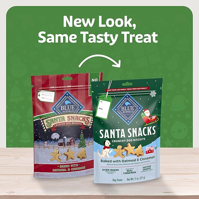 Blue Buffalo Santa Snacks Crunchy Dog Biscuits, Oven-Baked With Natural Ingredients, Oatmeal & Cinnamon, 11-oz Bag
