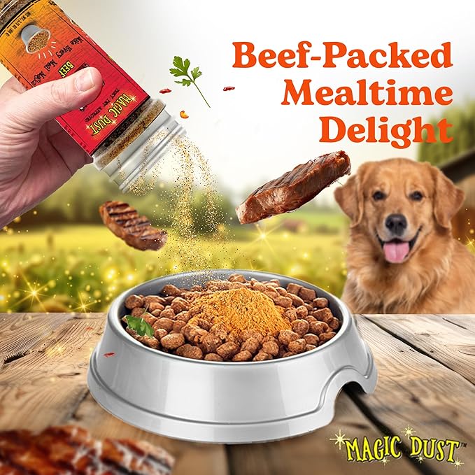 Wild Meadow Farms - Magic Dust Beef Jerky Topper, Single Protein Pet Food Topper for Dogs and Cats, Enhance Flavor & Elevate Mealtime Excitement for Picky Eaters - 3.5 Ounce Bottle in Beef Flavor