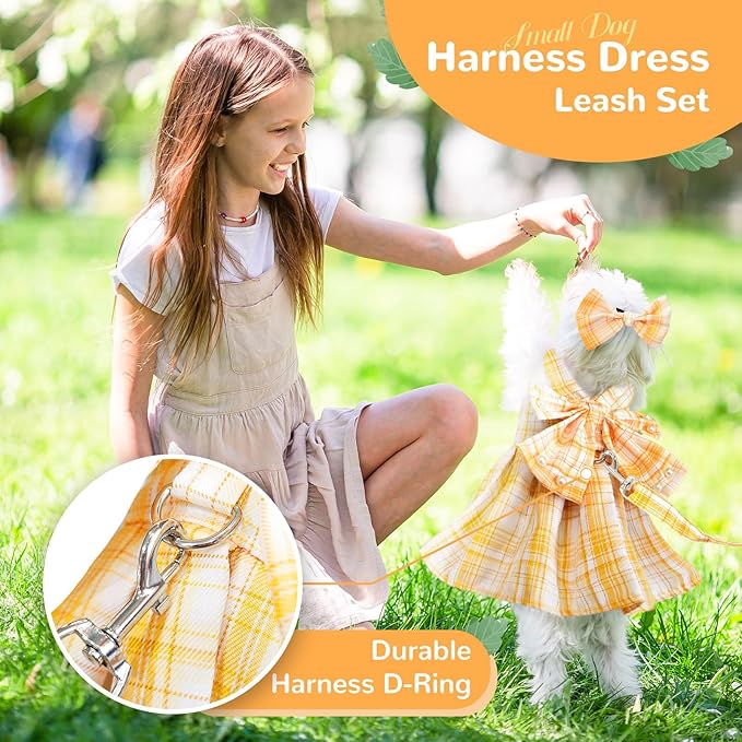 PETCARE Cute Dog Dress Clothes for Small Dogs Cats Girl Female Yellow Plaid Bow Tie Dog Harness Dresses Leash Set with Pearls Bow Accessories Birthday Puppy Dress Shih Tzu Yorkies Chihuahua Outfits