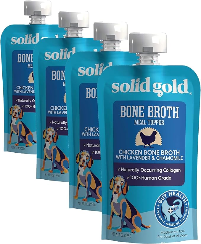 Solid Gold Chicken Bone Broth for Dogs - Grain Free Dog Food Topper Rich in Collagen and Superfoods - Nutrient Dense Dog Gravy Topper for Dry Food - Promotes Gut Health and Hydration - Single