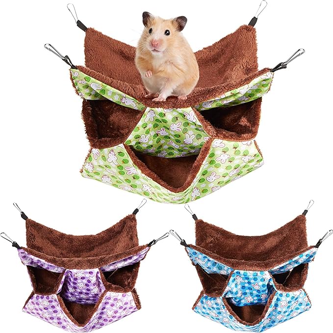 Weewooday 3 Pcs Rat Hammock 3 Tier Ferret Hammock Cage Hanging Bed Cage Accessories for Pet Guinea Pig Hamster Parrot Sugar Glider Ferrets Rat Chinchilla Playing Sleeping(Blue, Purple, Green)