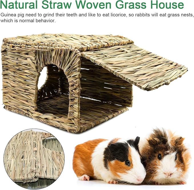 BWOGUE Large Grass House for Guinea Pigs,Hand Woven Straw Hut Foldable Small Animal Play Hideaway Bed with Double Openings Playhouse for Bunny Guinea Pig Chinchilla Ferret(2 Pack)