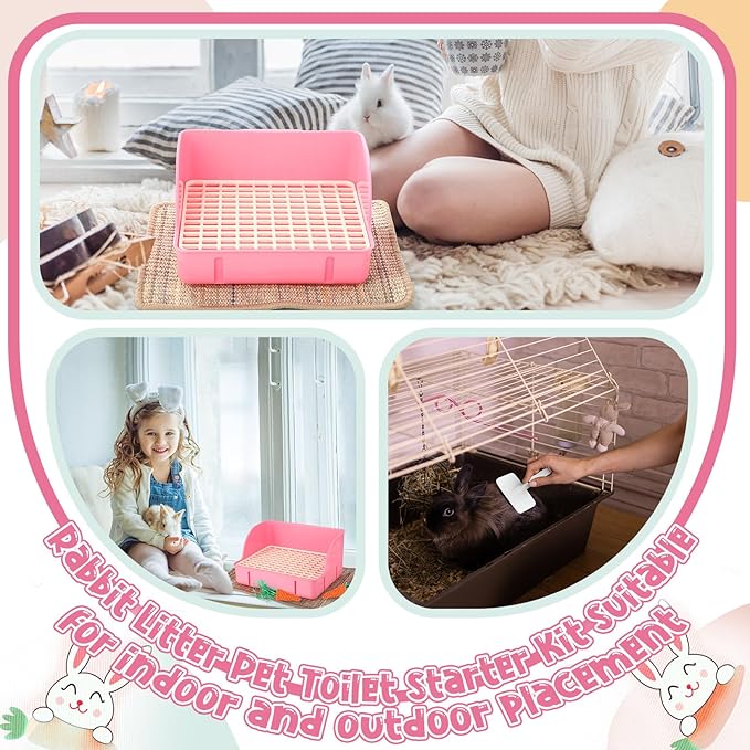 Honeydak 10 Pcs Rabbit Starter Kit Small Litter Box Bunny Grooming Kit Scratch Pads Hay Feeder Bowl Ice Pad with Bunny Toys for Guinea Pig Rabbit Accessories(Pink)