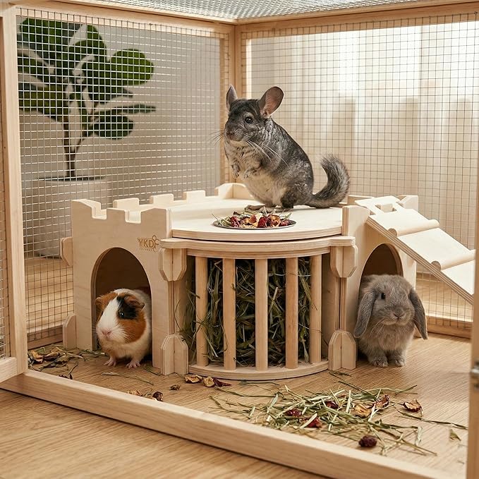 Large Guinea Pig Castle, Natural Wood Rabbit House with Ladder and Hay Feeder, Small Animal Hideout for Rabbit, Guinea Pig, Chinchilla, Hedgehog