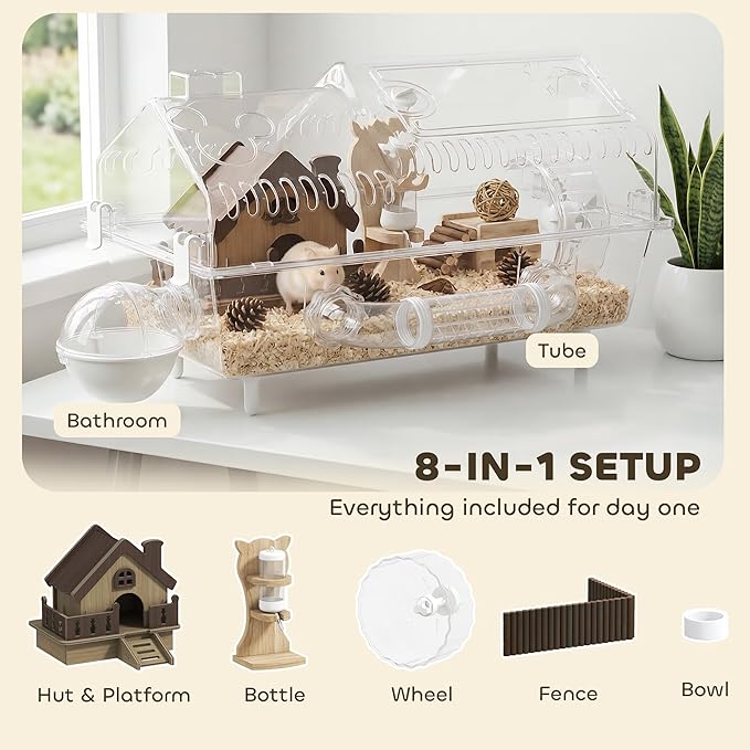 PawHut 8 in 1 PET Hamster Cage, Dwarf Hamster Cage with Large Wheel & Hideout, Small Animal Habitat with Accessories, Clear Pet House, 21.5" x 11.8" x 12.6"