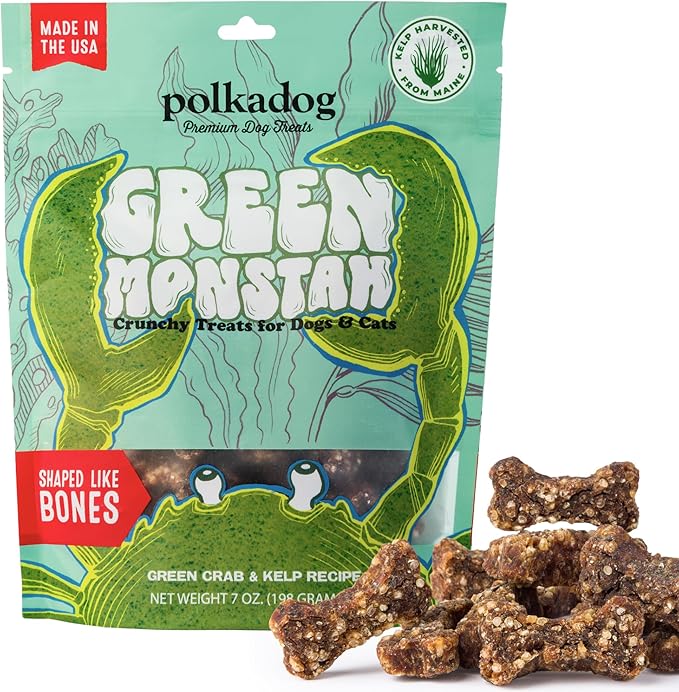 Polkadog Green Monstah Bone Shaped Dog Treats - Kelp & Green Crab, Crunchy, All Natural, Limited Ingredient, Lean Protein & Omega-3 Rich Snacks for Dogs, Great for All Breeds, Made in USA - 7oz