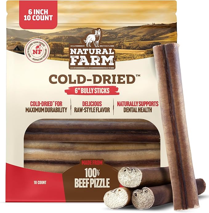 Natural Farm Cold-Dried™ Bully Sticks 6 Inch (10 Count) – Odor Free Longer Lasting High Protein Dog Chews – 100% Beef Pizzle, Single Ingredient, Durable for Aggressive Chewers
