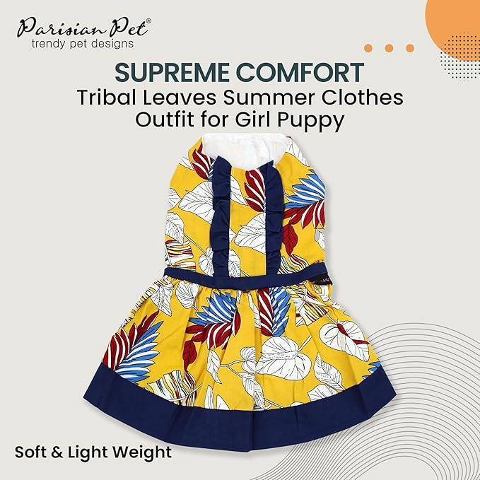 Parisian Pet Summer Dog Dress - Multicolor Clothes for Large Dogs Girl - Pet Dress with Leaf Pattern - Stylish Printed Beach Dog Outfit - Lightweight Puppy Clothes - Sleeveless Dresses for Dogs