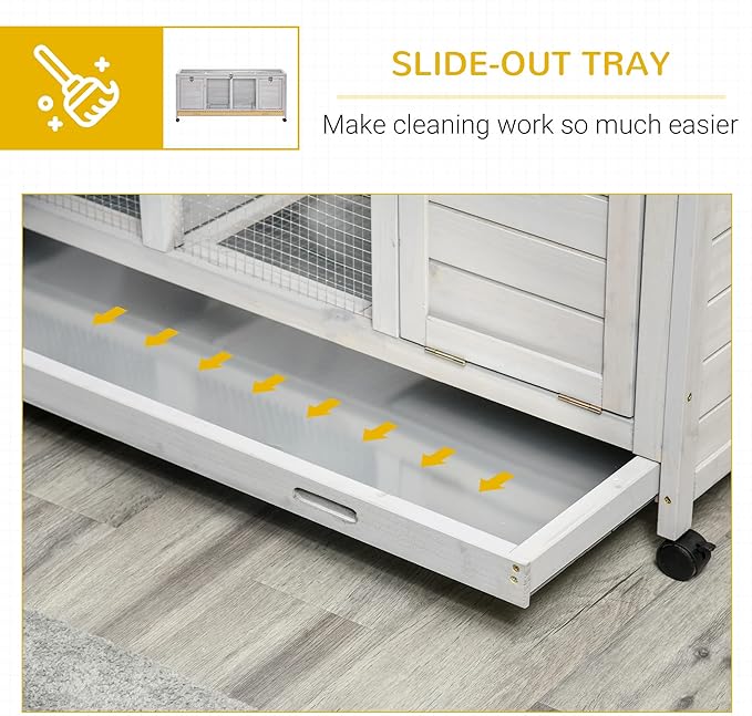 PawHut Wooden Rabbit Hutch, Bunny Cage with Wheels, Dividers, Openable Roof, Removable Trays, Small Animal Cages for 1-2 Rabbits, Indoor Outdoor Use, Light Gray