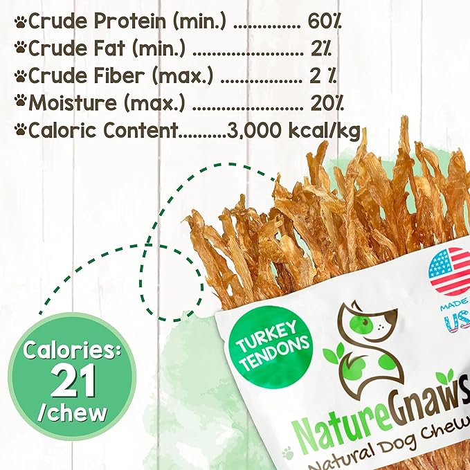 Nature Gnaws USA Turkey Tendons for Dogs (1Lb) - Delicious Grain Free Reward Snack for Small, Medium & Large Breeds - Premium Natural Dog Chew Treats