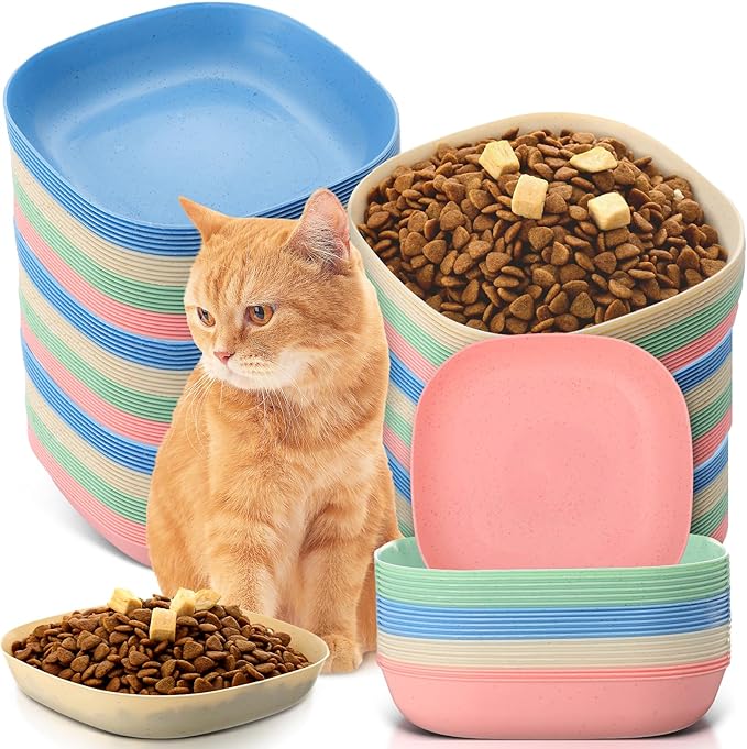 Tioncy 24 Pcs Fatigue Relief Cat Bowl 5.7 Inch Shallow Cat Food Dish Wide and Small Pet Wet Feeding Bowl for Kitten Short Legged Kitten Ferrets Feral Small Animals(Blue, Green, Pink, Beige,Classic)