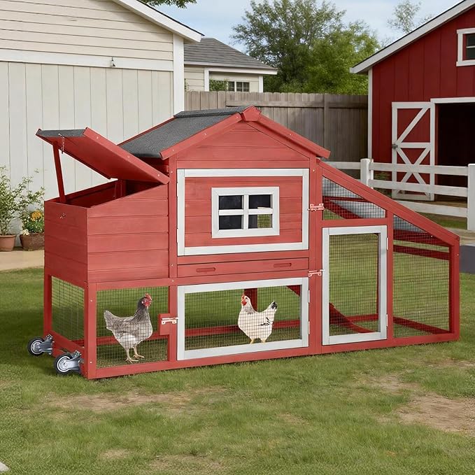 Aivituvin Chicken Coop Expandable Mobile Chicken House for Outdoor with Wheels, Nesting Box, Leakproof Pull-on Tray and UV-Resistant Roof Panel (Red, AIR23)