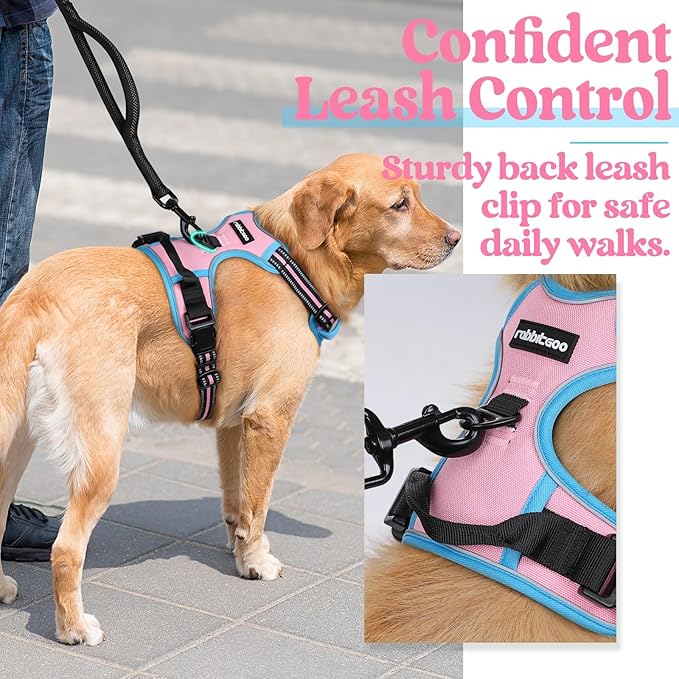 rabbitgoo Dog Harness No Pull with 2 Leash Clips, Adjustable Soft Padded, Reflective Oxford No Choke Pet Vest with Easy Control Handle for Medium Sized Dogs, Pink & Blue, M
