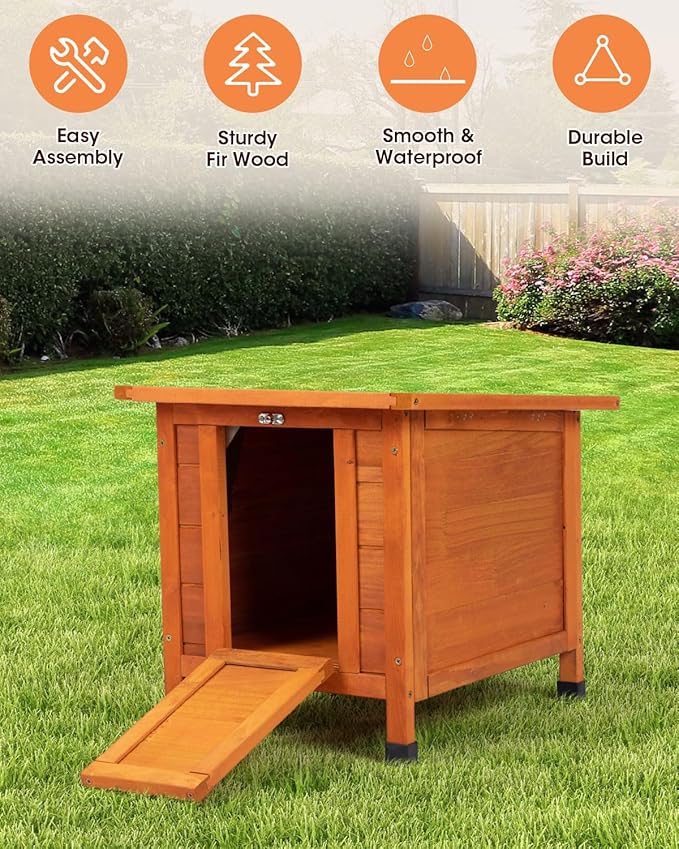 SANDINRAYLI Outdoor Cat House Weatherproof, Wooden Rabbit Hutch Bunny Cage Chicken Coops Shelter with Elevated Floor for Feral Cat/Bunny/Guinea Pig/Duck, Orange