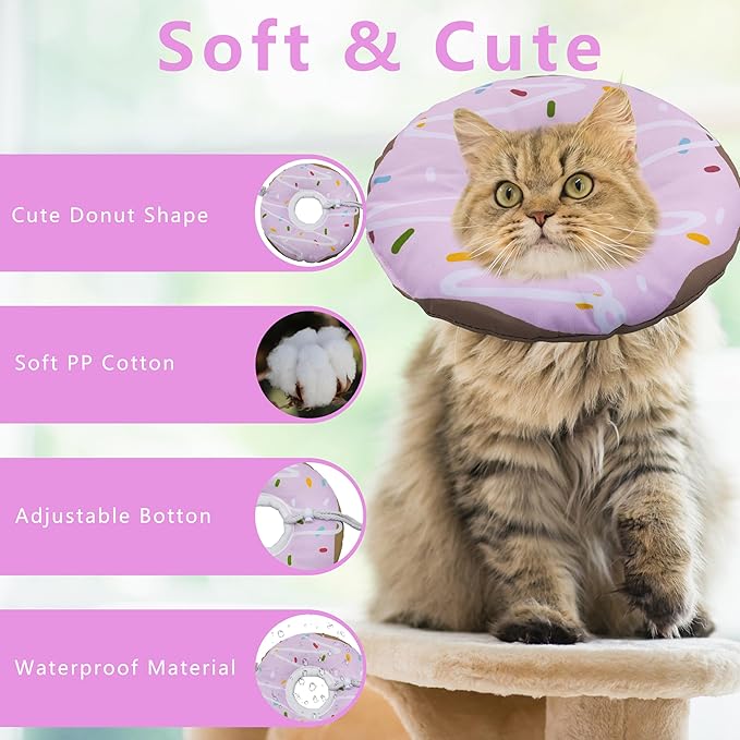 Seyezo Cat Cone Collar Soft, Adjustable Cat Recovery Collar Kitten Cones to Stop Licking, Cute Donut E Collar After Surgery, Cats Neck Pillow Cone Elizabethan Cones of Shame (Waterproof Purple, Large)