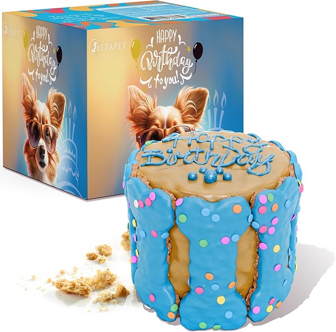 Dog Birthday Cake - Rice Cake Dessert with Human Grade Ingredients - Happy Birthday Treat for Puppy (5"x5"x5", Blue)