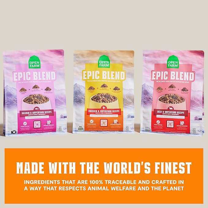 Open Farm, Epic Blend High Protein Dry Dog Food, Probiotic Coated & Bone Broth Infused Kibble with Air Dried Meat & Organs, Minimally Processed & Nutrient Dense, Chicken & Superfood Recipe, 3.5lb Bag