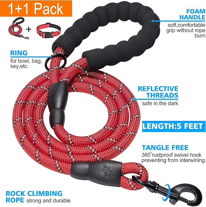 Reflective Dog Collar Padded with Soft Neoprene Breathable Adjustable Nylon Dog Collars for Small Medium Large Dogs (X-Small (Pack of 1), Red Collar+Leash)