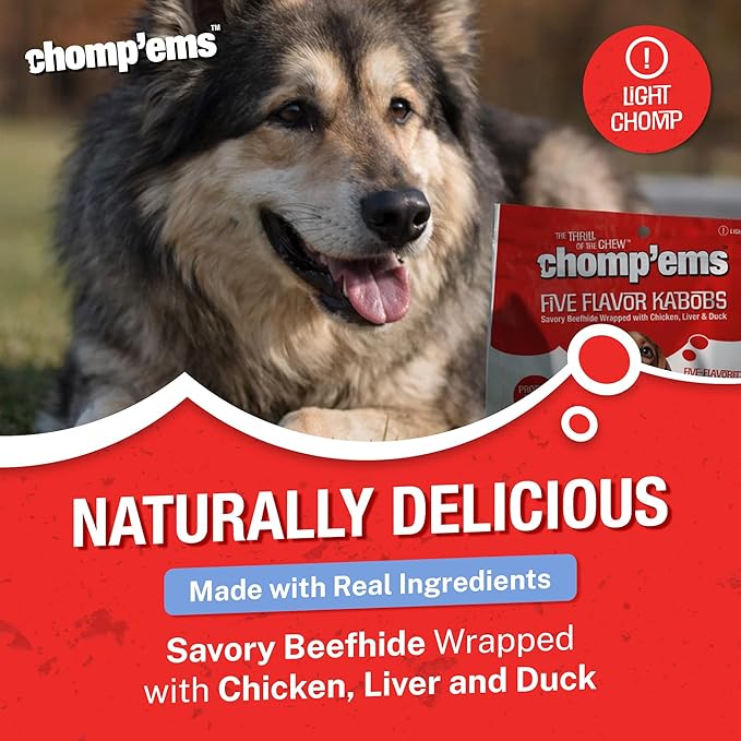 CHOMP 'EMS Five Flavor Kabobs Dog Treats - Beefhide Chewstick - High Protein Dog Chews, 15 Count