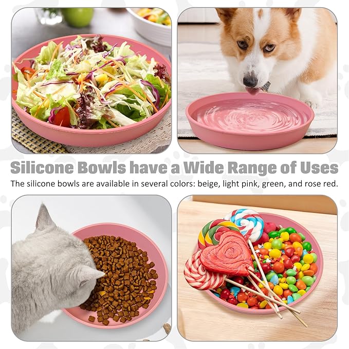 BNOSDM Silicone Cat Food Plate 2 Pack Shallow Dog Bowl Flat Puppy Feeding Dish for Small Dogs and Cats Whisker Fatigue Pet Plates for Dry and Wet Food (Rose Red)