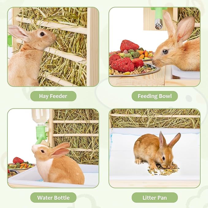 4 in 1 Rabbit Hay Feeder with Litter Box, Small Animals Hay Rack with Water Bottle, and 2 Bowls, Wooden Bunny Hay Holder Feeder Toilet Combo for Rabbit, Guinea Pig, Hamster, Hedgehog, Chinchillas