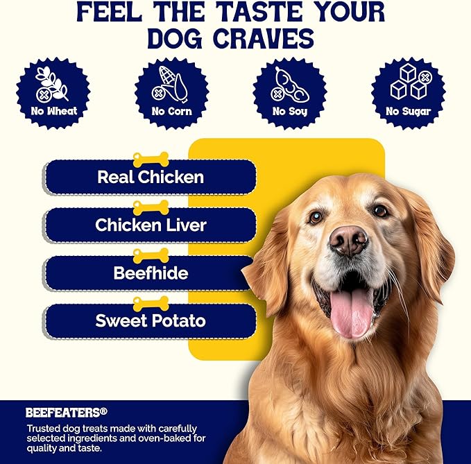 Beefeaters Triple Flavor Beefhide Kabobs 28oz, Dog Treats with Real Chicken, Liver & Sweet Potato – Long-Lasting Dog Kabob Treats for Chewing, Dental Support*, Flavor-Packed Treats - Training Rewards