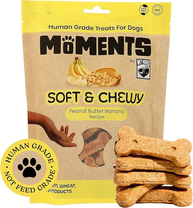 Wet Noses Moments Soft & Chewy Dog Treats – All-Natural, Human-Grade, Non-GMO, Healthy Training & Delicious Snacks for Dogs, for All Dog Sizes & Breeds – Peanut Butter & Banana, 10oz (Single Pack)