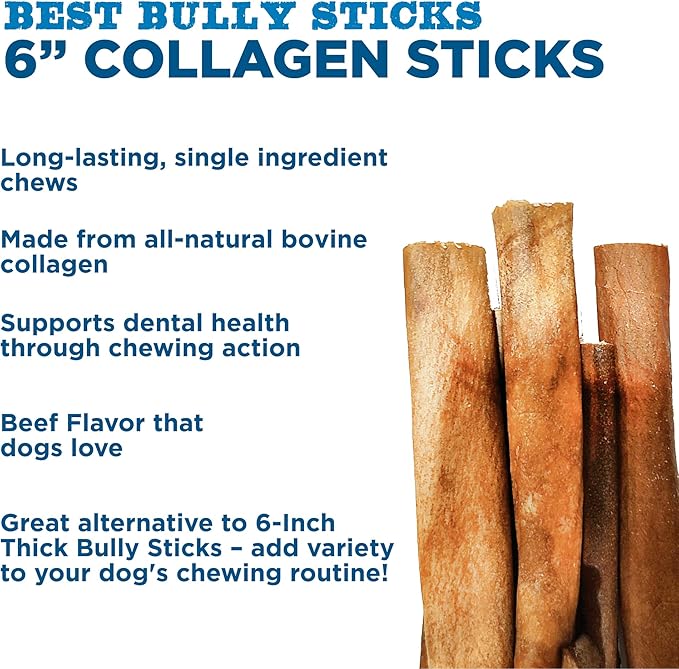 Best Bully Sticks 6 Inch Natural Collagen Sticks for Dogs - 10 Count (Pack of 1) - Long-Lasting, Rawhide Free, Beef Treat