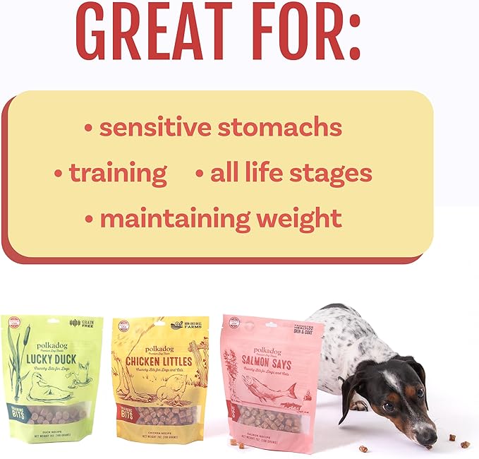 Polkadog Crunchy Training Bits Variety 3 Pack - Chicken Littles, Lucky Duck, Salmon Says, All Natural, Limited Ingredient, Training Treats for Dogs, Great for Allergies, Handcrafted in USA - 7oz (3pk)