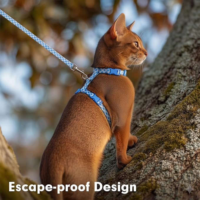 azuza Cat Harness and Leash Set for Safe Walking and Travel, Escape Proof Cat Harness, Lightweight Soft and Comfortable, Adjustable Kitten Harness for Small Medium Large Cats, Blue Plaid